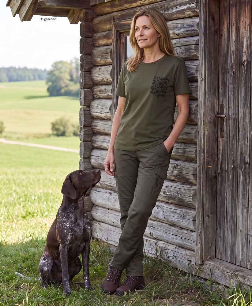 Damen T-Shirt Brusttasche Waldtiere, Parforce Essential