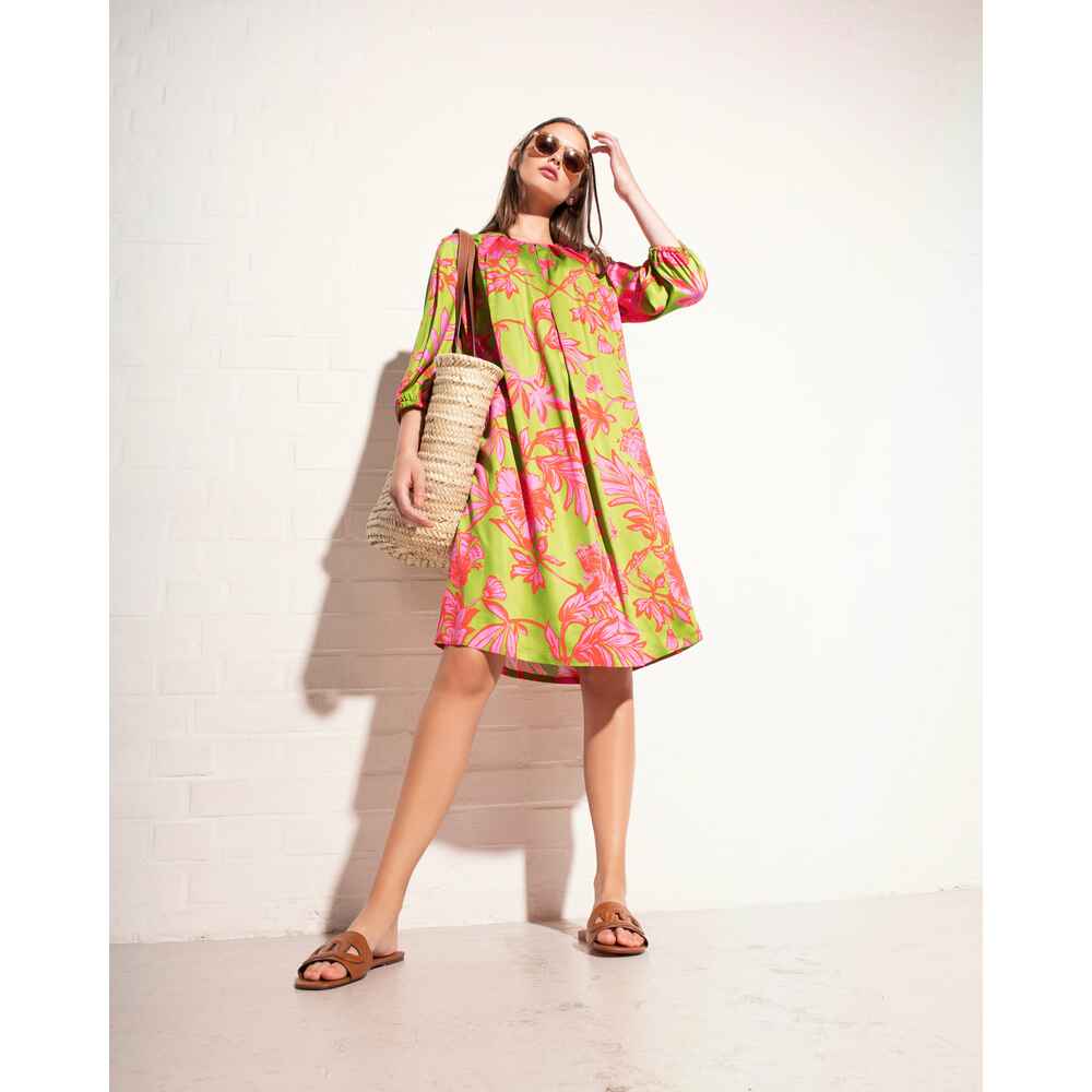 White Label 3/4-Arm-Kleid mit FRANKONIA Shop Kleider Online Damenmode Allover-Blumenmuster - Mode Bekleidung (Grün/Pink) - - - 